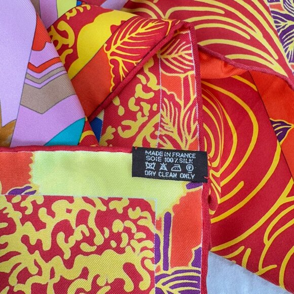 HERMES Orange & Multicolor 100% Silk Ex-Libris En Kimonos Pattern Scarf France - Picture 10 of 11